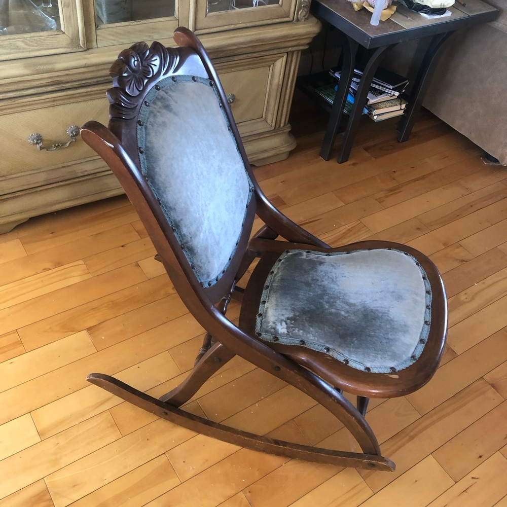 Antique Wooden Folding Rocking Chair with Gray Upholstery